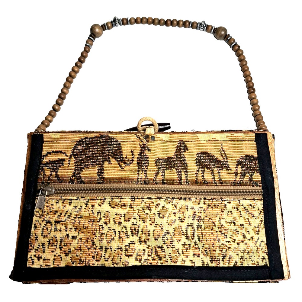 African Box Purse Jewelry Case Safari Leopard Print Hard Cover Brown 10x5.5x2"